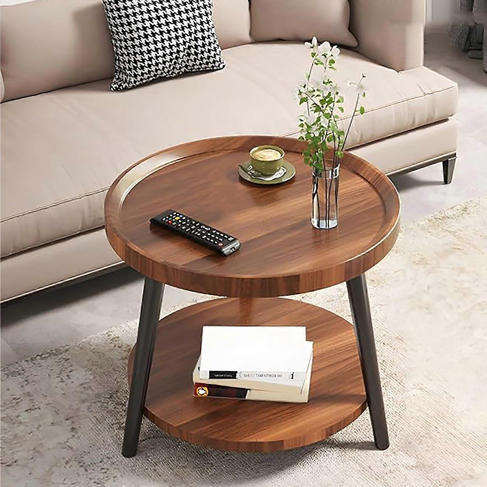 Round Coffee Table with Storage, Modern Wooden TwoTier Design for Living Room, Walnut 24'