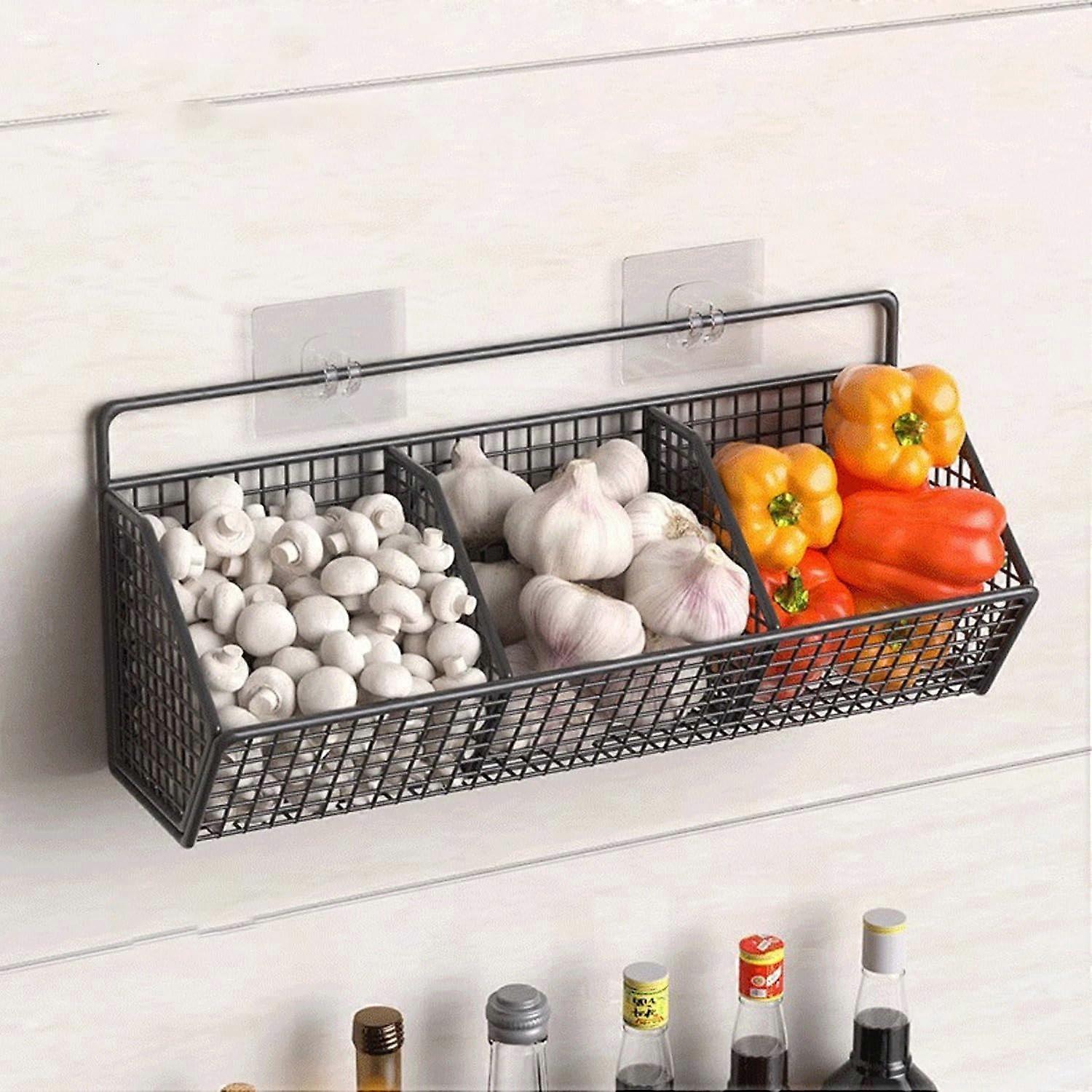 Wall Mounted Kitchen Storage Rack, 3 Grid Rustproof Metal Spice Organizer, Punch  Garlic Shelf, Black