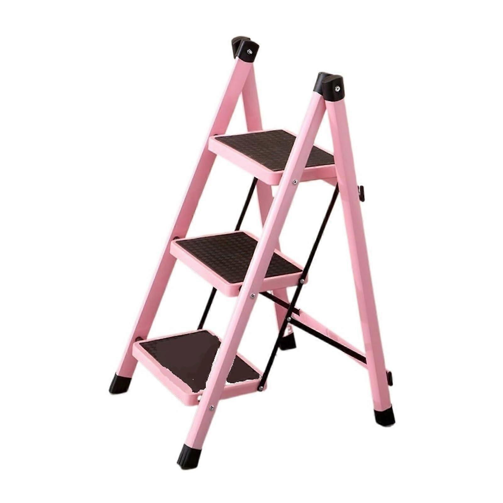 3 Step Folding Ladder with AntiSlip Wide Steps, 400lbs Capacity, Lightweight for Home Kitchen Pink