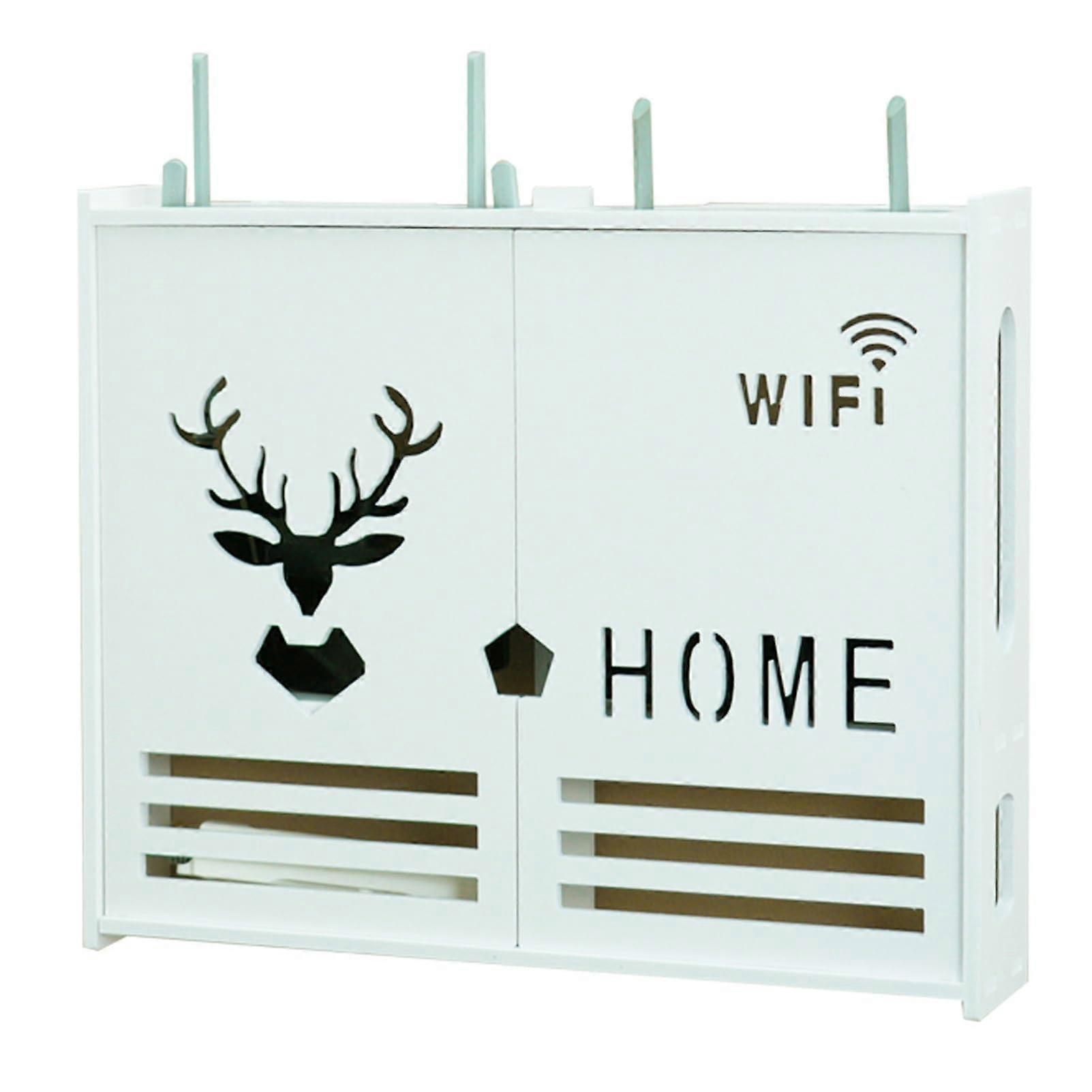 WiFi Router Wall Mount Shelf Wooden Storage Box with Cable Organizer and Double Door Design