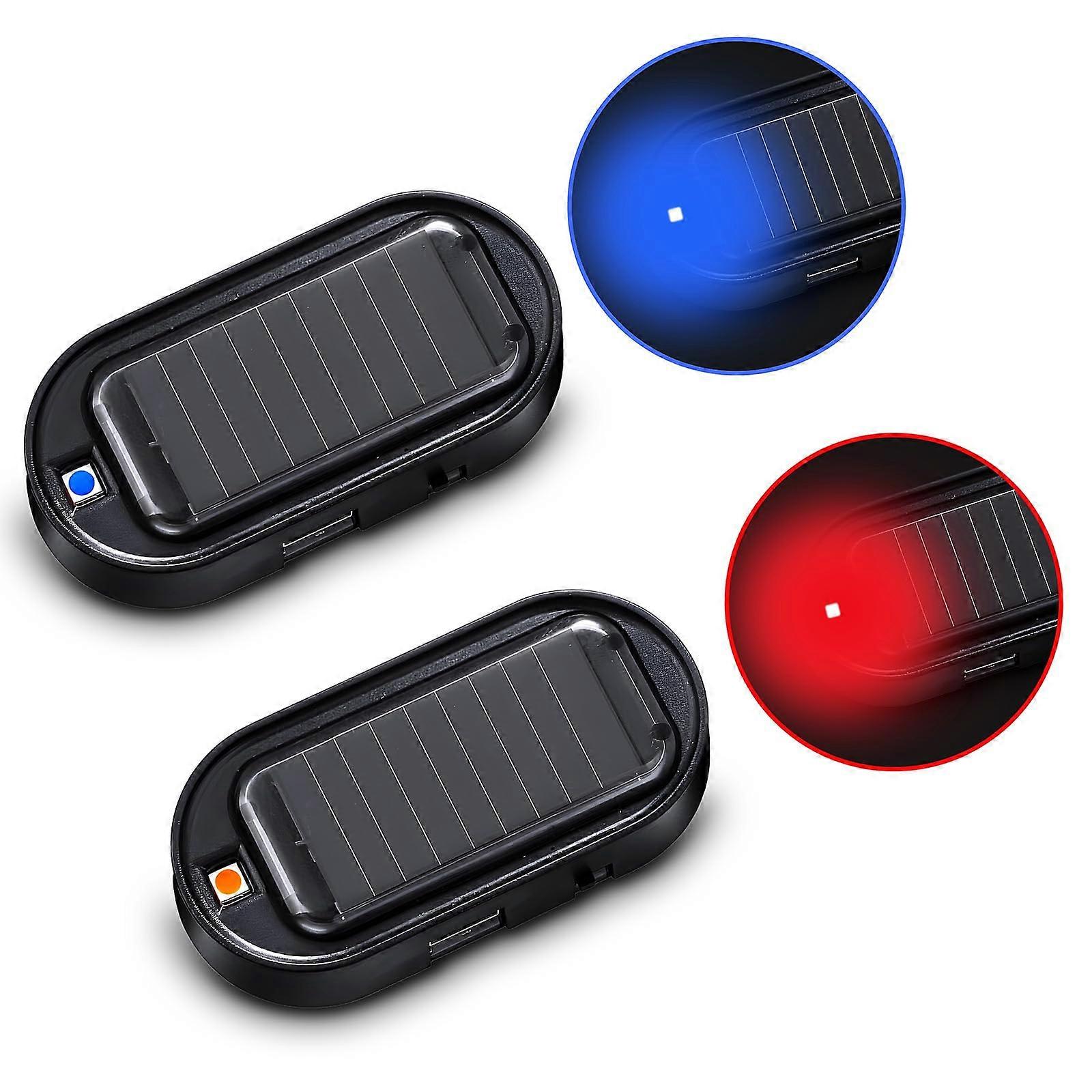 2Pcs Solar Powered Car Alarm Light with Red and Blue LED, USB Rechargeable Security Indicator