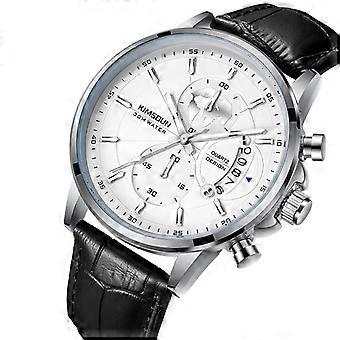 Men's Luxury Quartz Watch with Leather Strap, Waterproof and Stylish Design, White Dial with Subdials, Fashionable Timepiece for Men