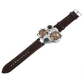 Oulm 9145 Orologio da polso sportivo al quarzo da uomo a doppio fuso orario in stile retrò con cinturino in PU / bussola / termometro (marrone)