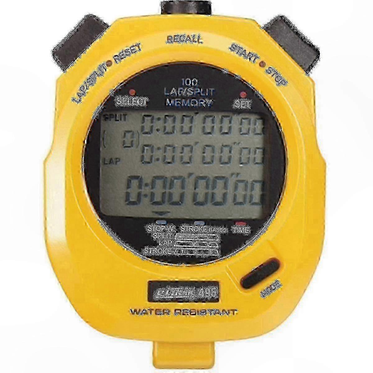 Yellow dual-segment memory stopwatch for precise timing and performance tracking.