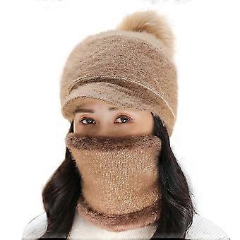 Women Winter 2pcs Set Pompom Visor Beanie Hat With Scarf Knitted Plush Lined Skullies Baseball Cap Windproof Neck Warmer