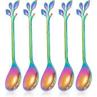 5 Pcs Rainbow Leaf Coffee Spoons, 4.7 inch Stainless Steel Ice-Cream Tea Sugar Spoons, Parties Tableware
