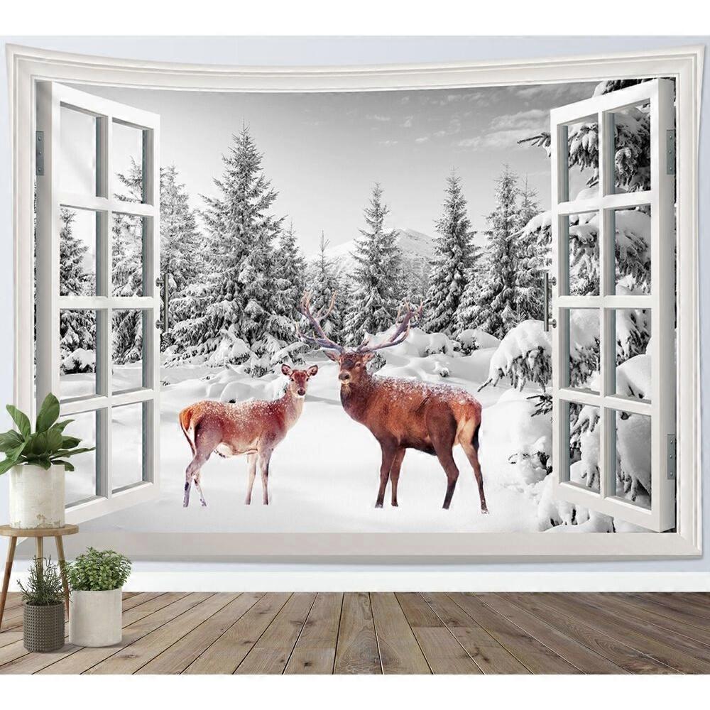 Tapestry Window Forest Snow Scene Moose