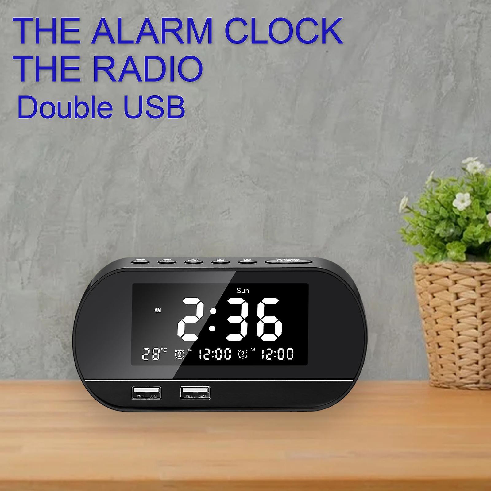 Desktop Alarm Clock with Speaker FM Function Dual USB Port LED Display Black