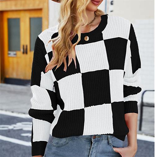 Sonbahar Ve Kış Yeni Varış Uzun Kollu Kadın Dama Tahtası Ekose Tasarım Örme Kazak Moda Kısa Kazak Genç Kız Yuvarlak Boyunlu Kazak