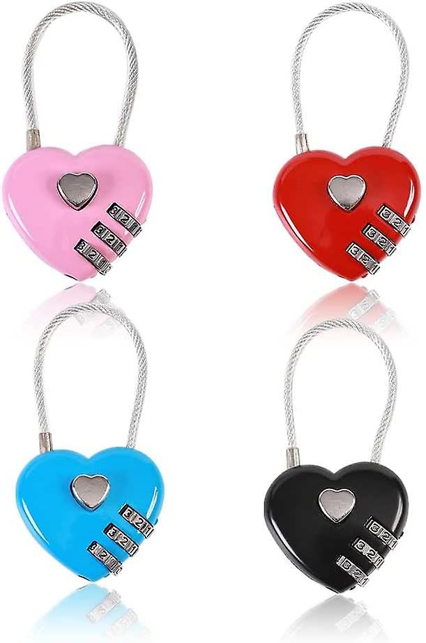 4pcs Heart Padlock, Combination Lock Mini Code Lock Wire Rope 3-digit Code Combination Padlock Couple Padlock Resettable Password Luggage Lock For Lug