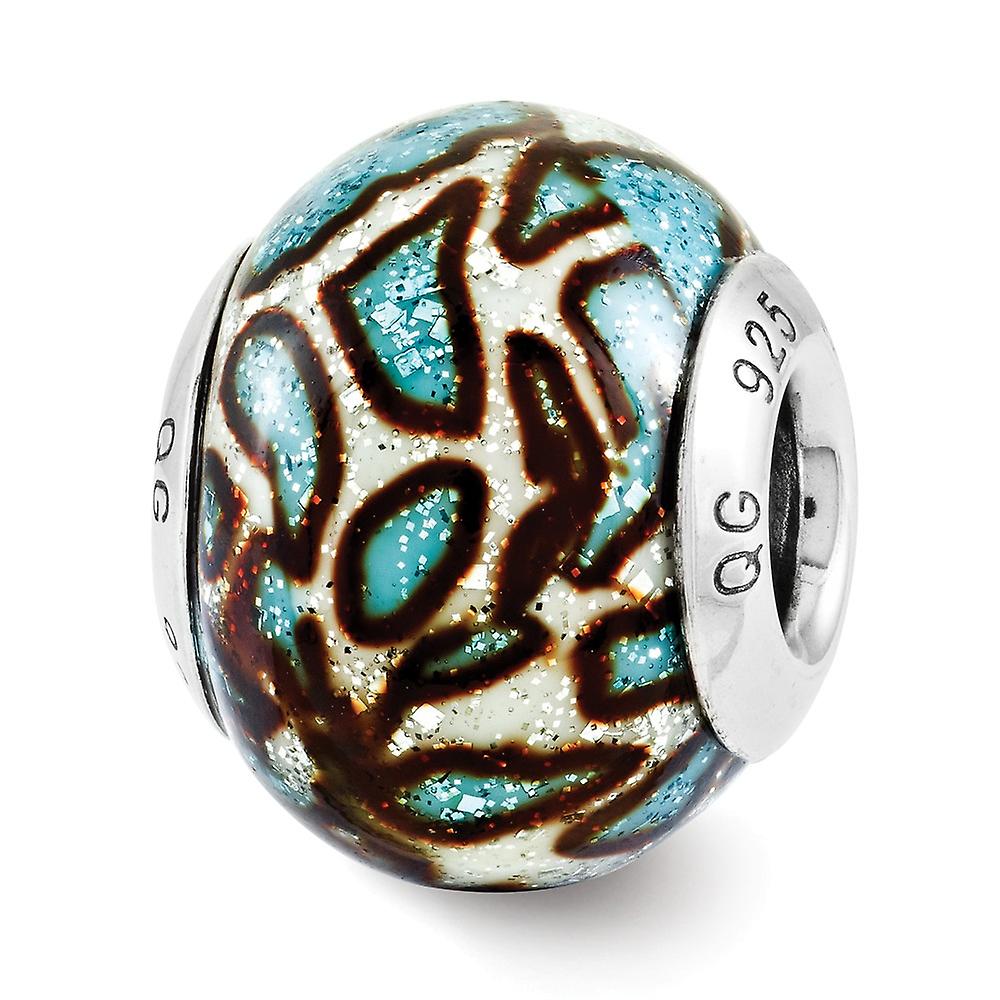 925 Sterling Silver Polished Artisan Oxidized Reflection Teal Print Overlay Italian Bead Charm 13.64x10.00mm Wide Pendan