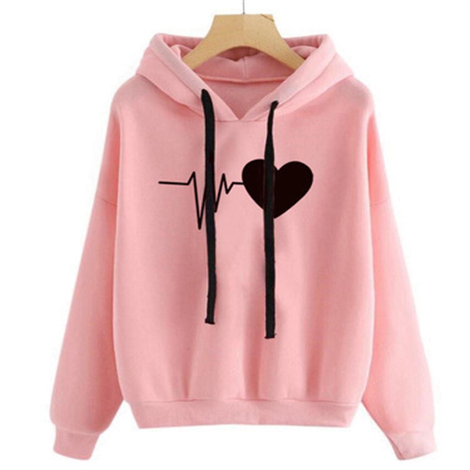 Plush Lined Unisex Hoodie Love Heart Printed Drawstring Hood