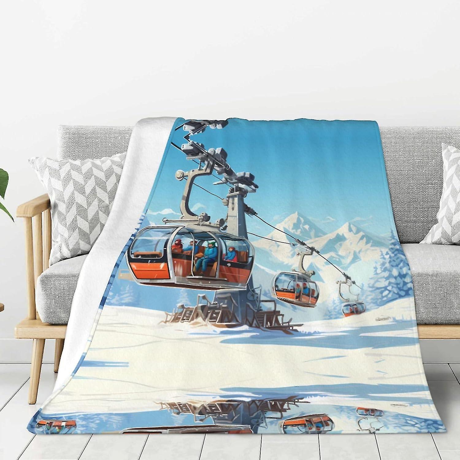 Winter Old Cable Ski Lif Pattern Thicken Flannel Blanket 50"x40" : Lightweight, Warm And Durable, Super Soft And Feels Great