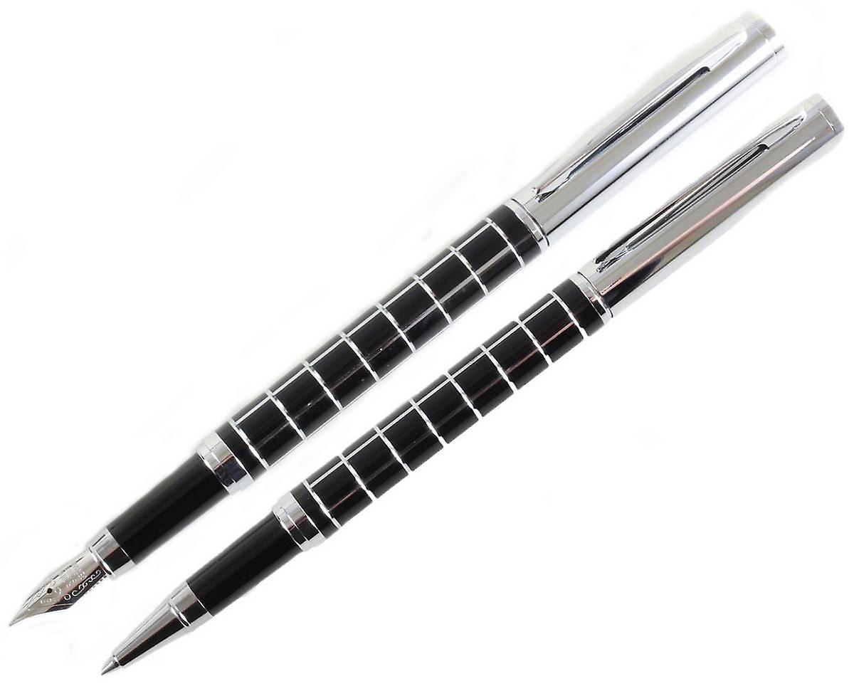 David Aster Checker Fountain Pen and Rollerball Pen Set - Black/Silver