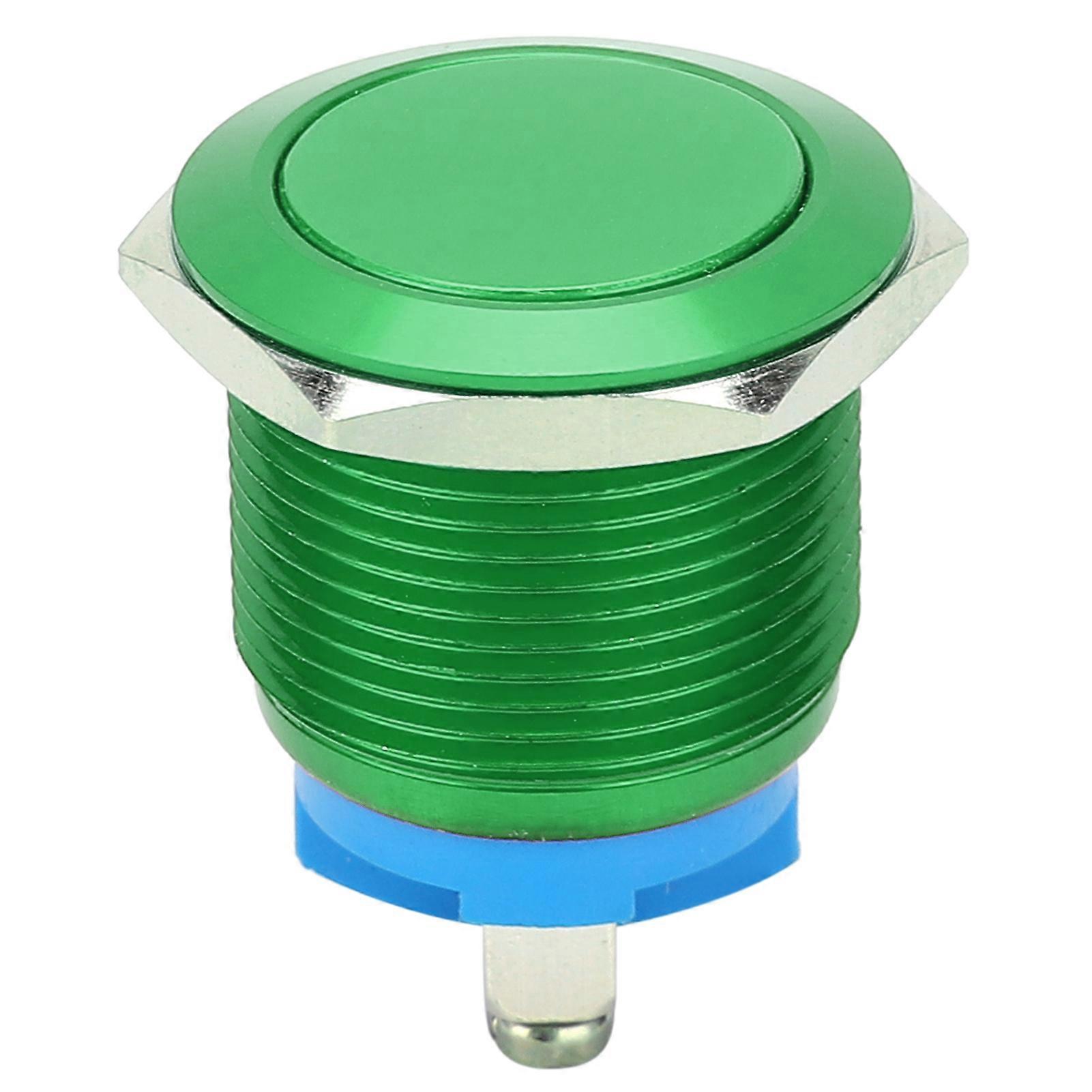 19mm Green Metal Push Button Switch: Flat Head, Self-Reset, Power Control, Screw Foot