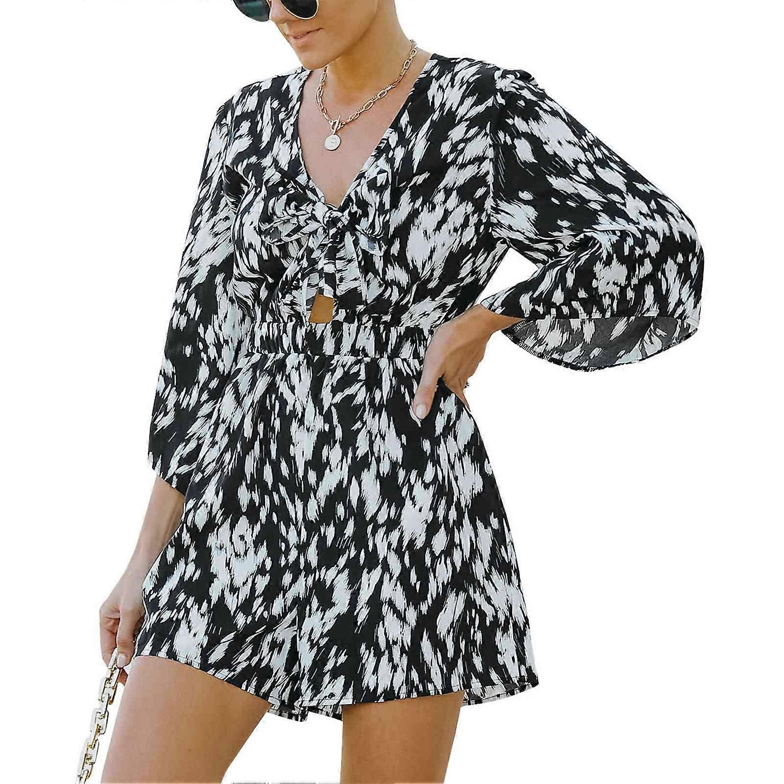 Femmes Imprimé Combishort Cravate Avant Profond V Col Trois Quarts Cloche Manches Été Courtes Combinaisons Noir L