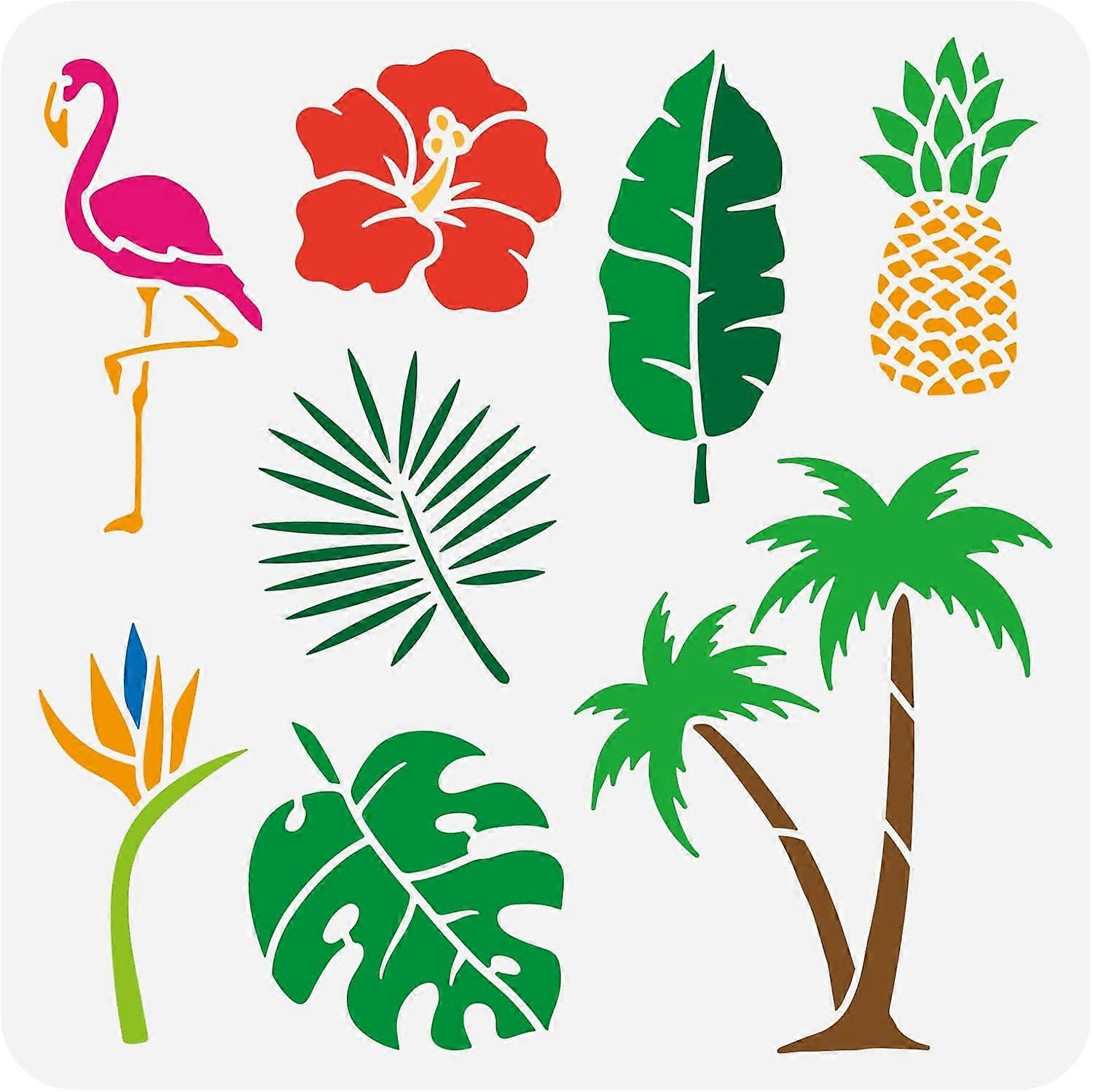 Tropical Coconut Tree Stencil 11.8x11.8inch Reusable Tropical Leaves Pineapple Flamingo Flower Pattern Template Animal Plant Theme Stencil for DIY Cra