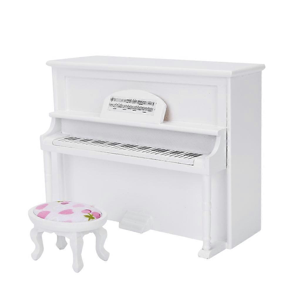 1:12 Doll House Accessories Mini Upright Piano Model Toy with Stool Simulation Furniture White