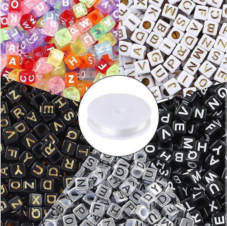 1400pcs 5 Color Acrylic Alphabet Cube Beads Letter Beads with 1 Roll 50M Crystal String Cord for Jewelry Making6mm
