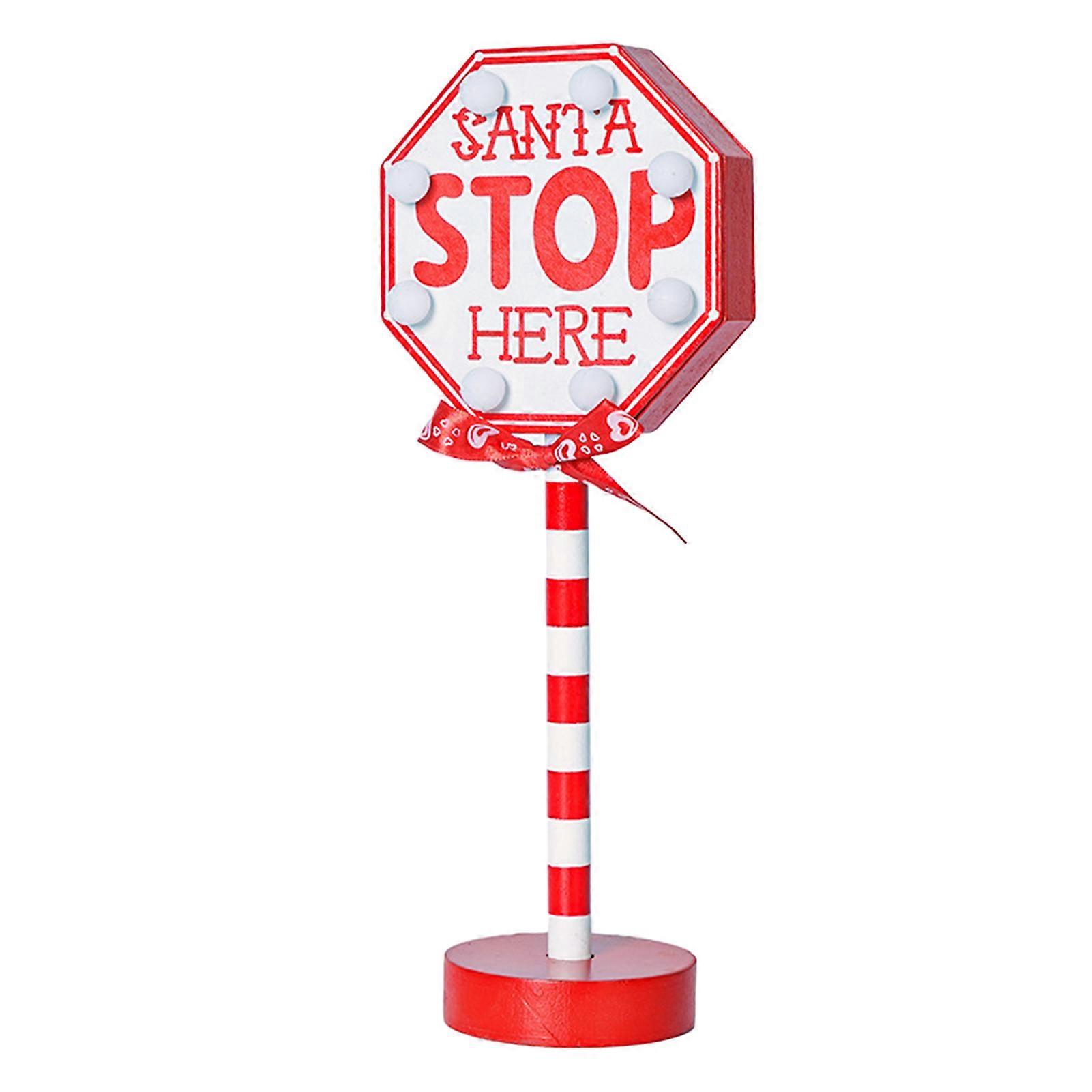 Christmas Street Sign Light with Bowknot Santa Stop Here North Pole Letter Vintage Reusable Xmas Holiday Decoration Desktop Guideboard LED Lamp Festiv