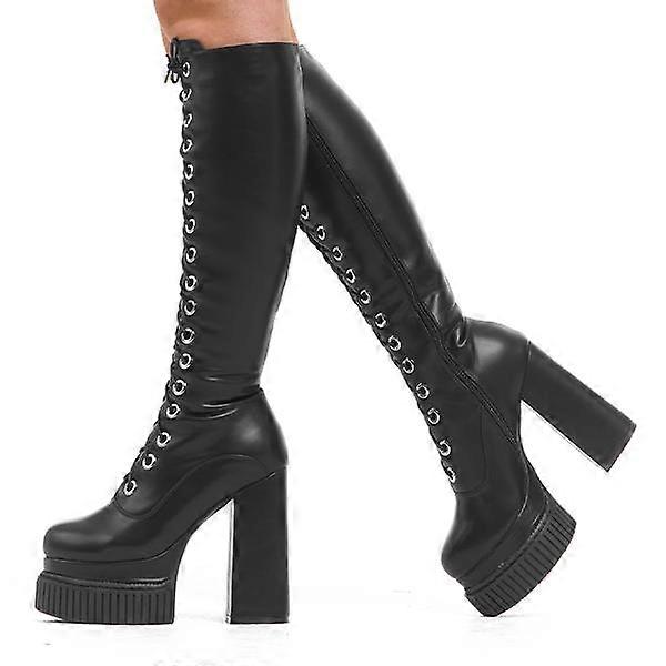 Lamoda Elevators Creeper Platform Knee High Boots - LMF 3967 - BlackPU - UK3