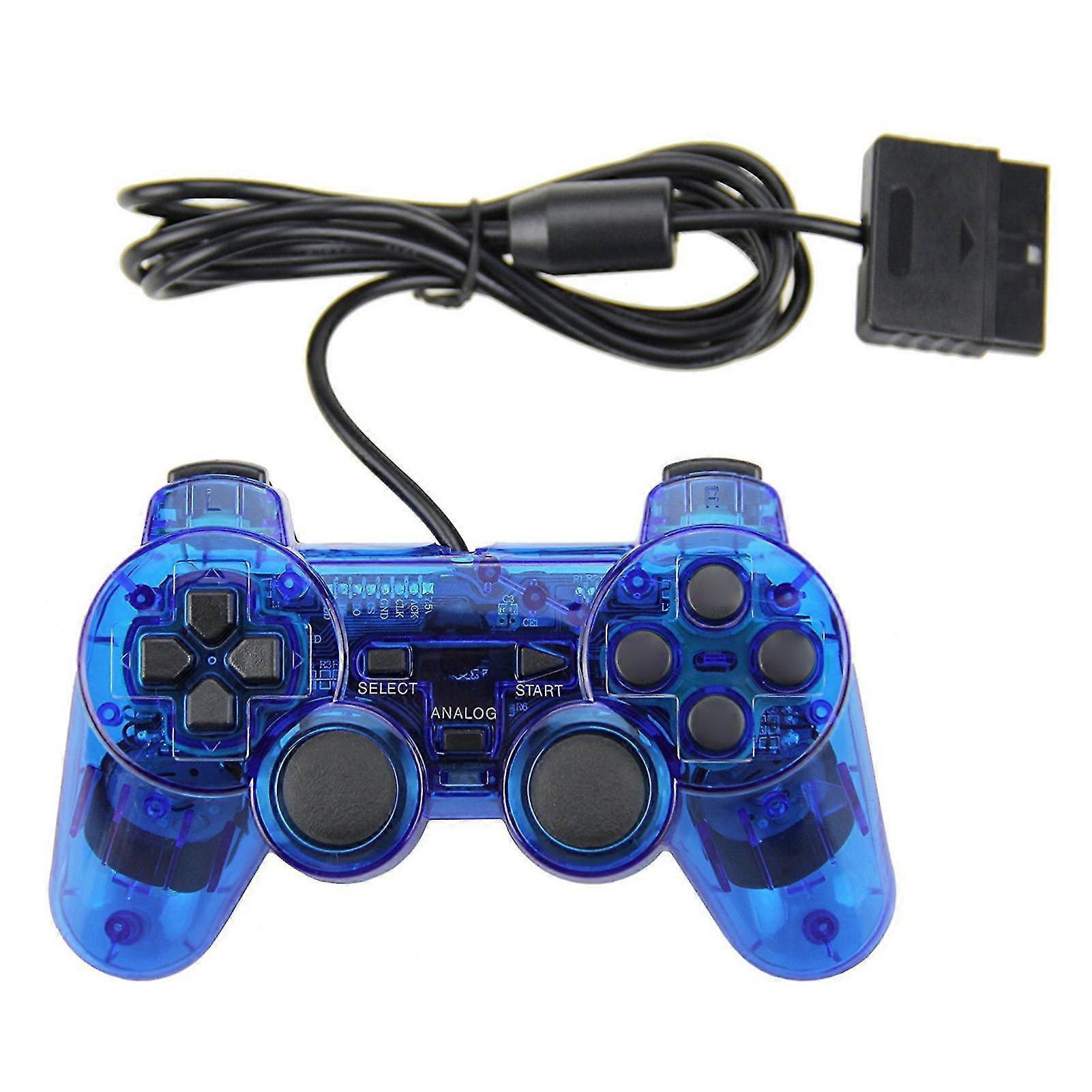Durable Dual Vibration Wired PS2 Game Controller with Comfortable Grip - Transparent Blue
