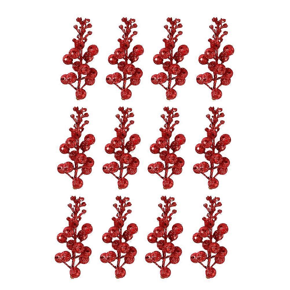 12pcs Christmas Glitter Ornament Simulate String Ball Glitter Fruit String Lifelike DIY Garland Craft Material Home Decor(Red)