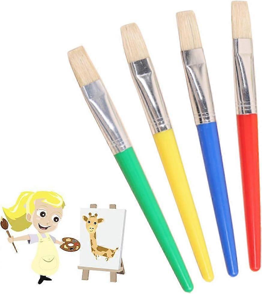 Set of 4 children's paintbrushes Flat-tipped paintbrush starter set with handle and pig bristles, suitable for children's beginning art supplies.