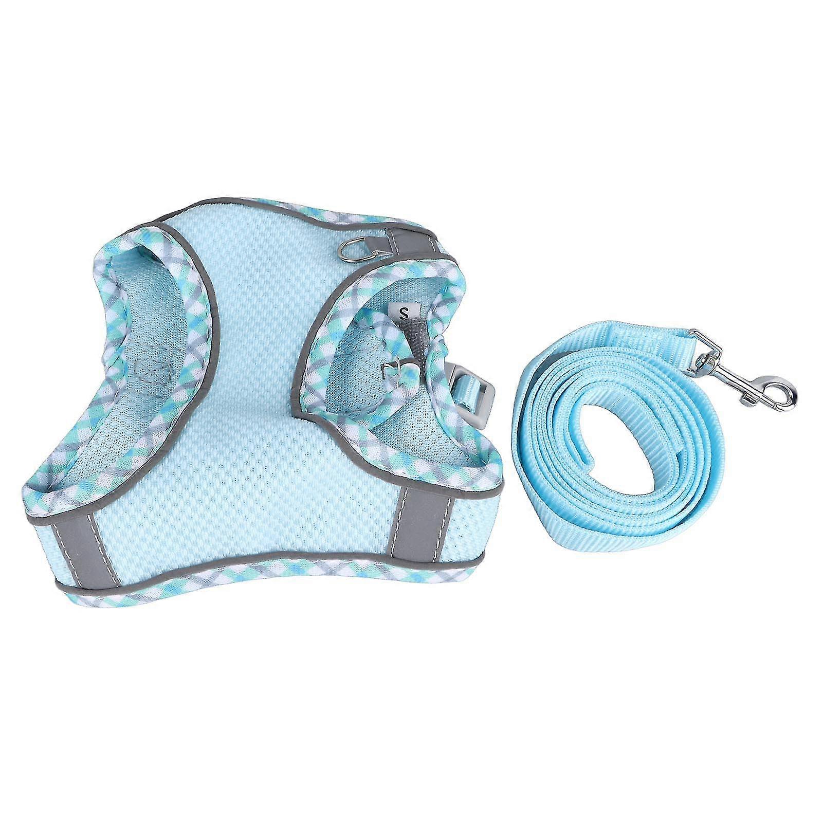 Reflective Polyester Adjustable Comfort Harness Leash for Dogs Cats - Lightweight, Safe,.with Trailing Rope - Light Blue
