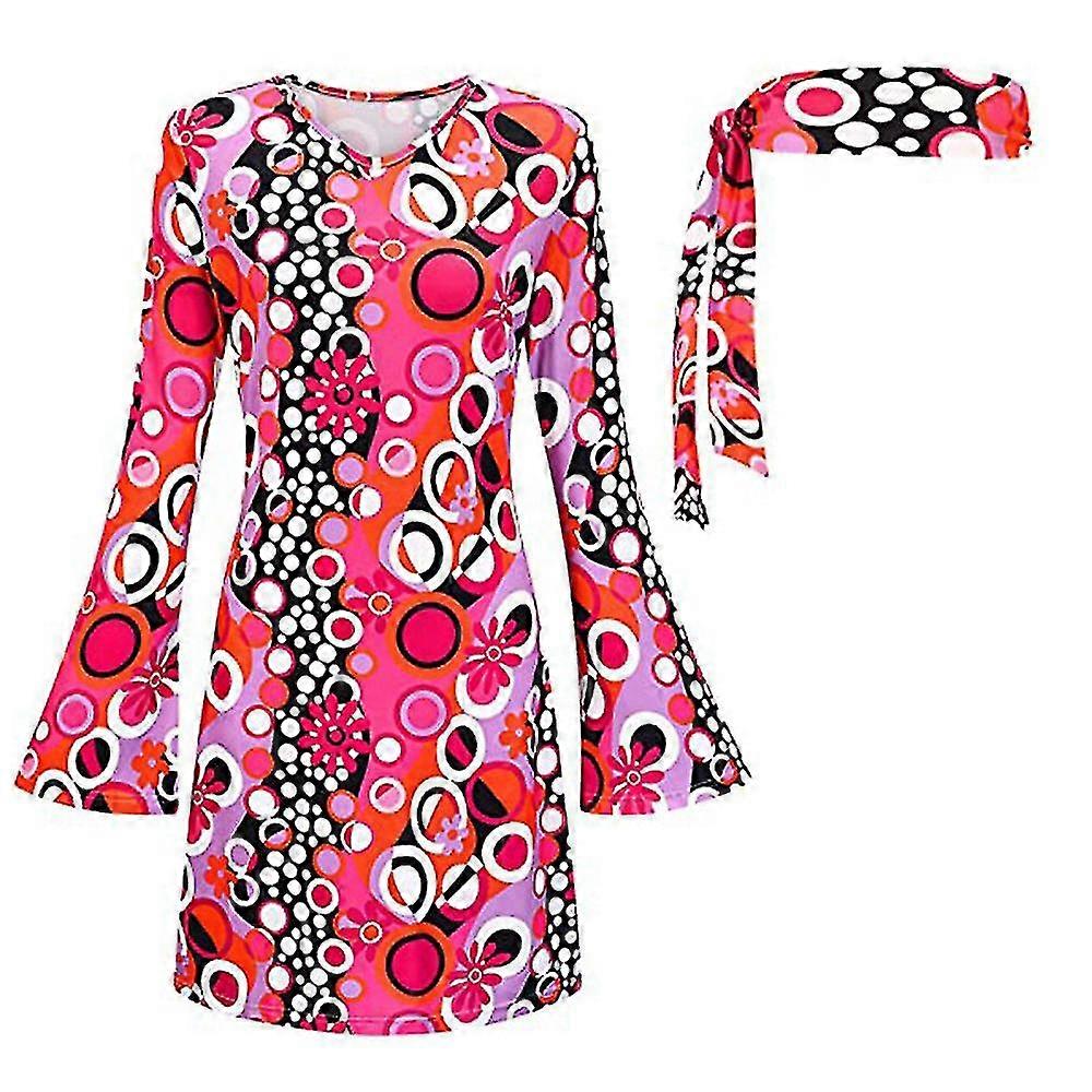 70s 80s Womens Hippie Costume Set Disco Outfit Women Headband Dress For Halloween Cosplay