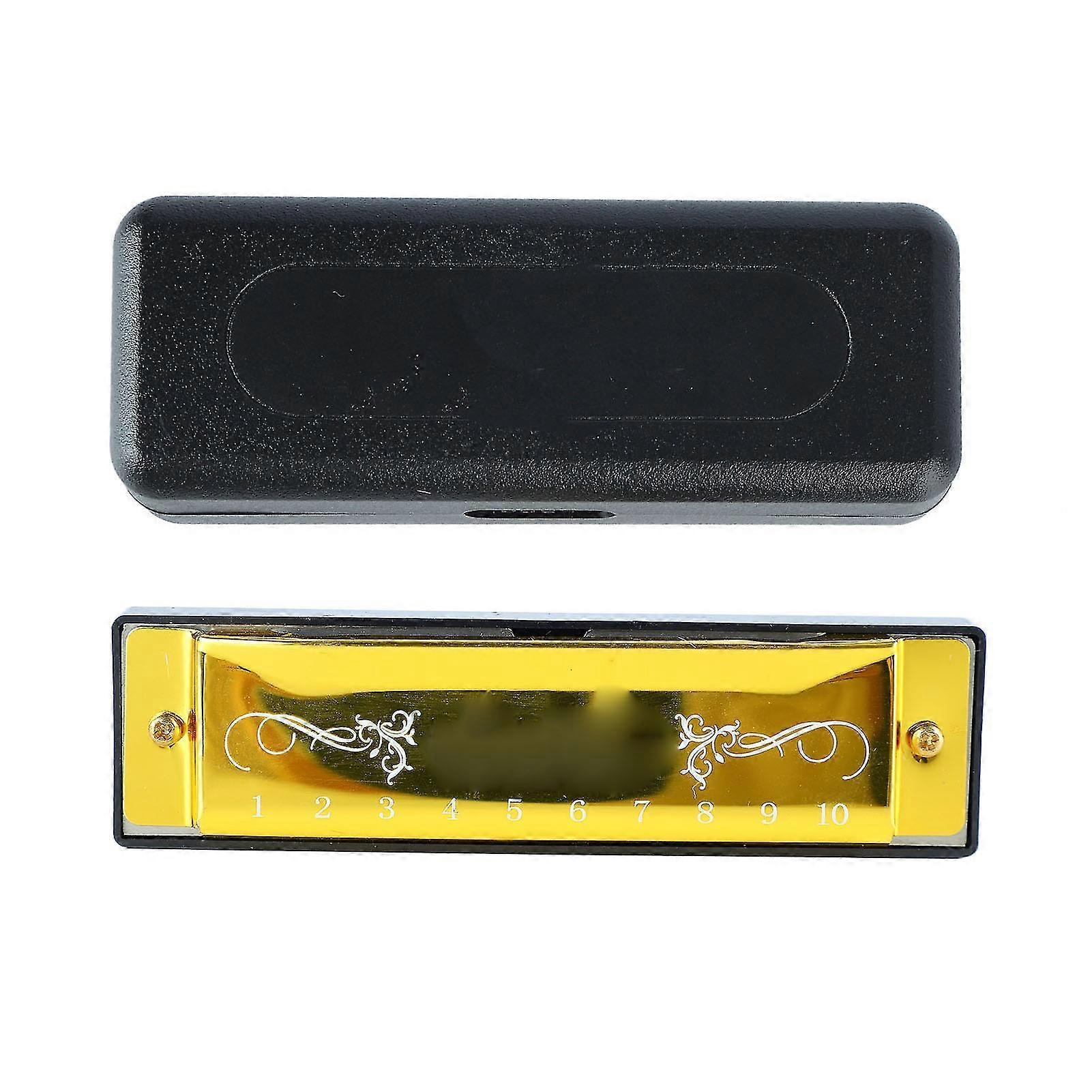 Harmonica 10 Hole 20 Tune C Key Professional Standard Mouth Organ with Case for Kid Beginner Gold