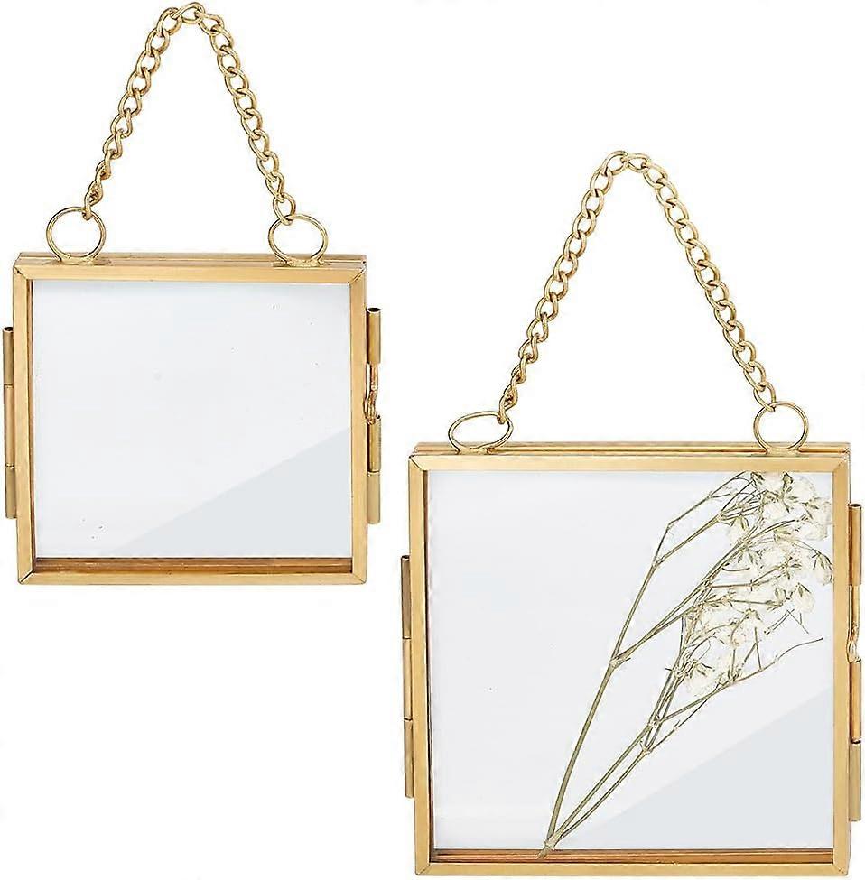 2pcs Wall Hanging Alloy Photo Frames Square Golden Wall Hanging Mini Photo Frame Double Clear Glass Floating Frame Dried Flower Frames with Hanging Ch
