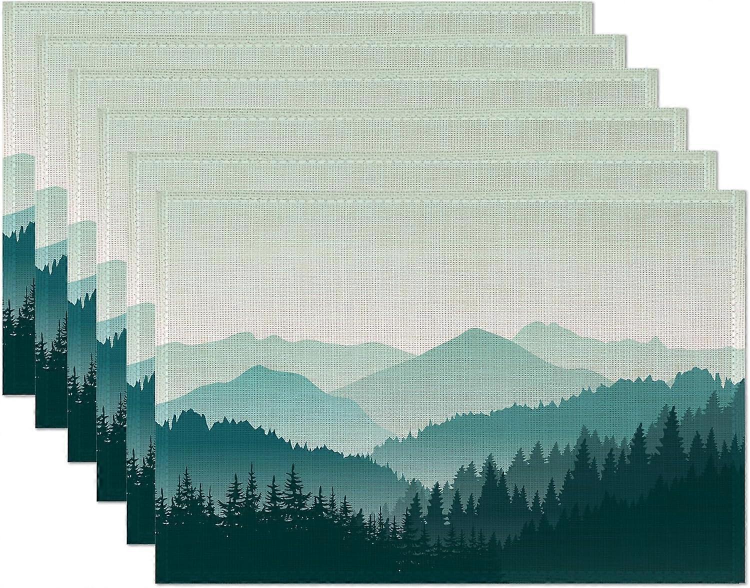 مجموعة من 6 مفارش ذات مناظر طبيعية جبلية مجردة ضبابية من الكتان الغابة الجبلية قابلة للغسل المطبخ طاولة الطعام الحصير الحصير مكان مقاومة للحرارة للحفلات المنزلية