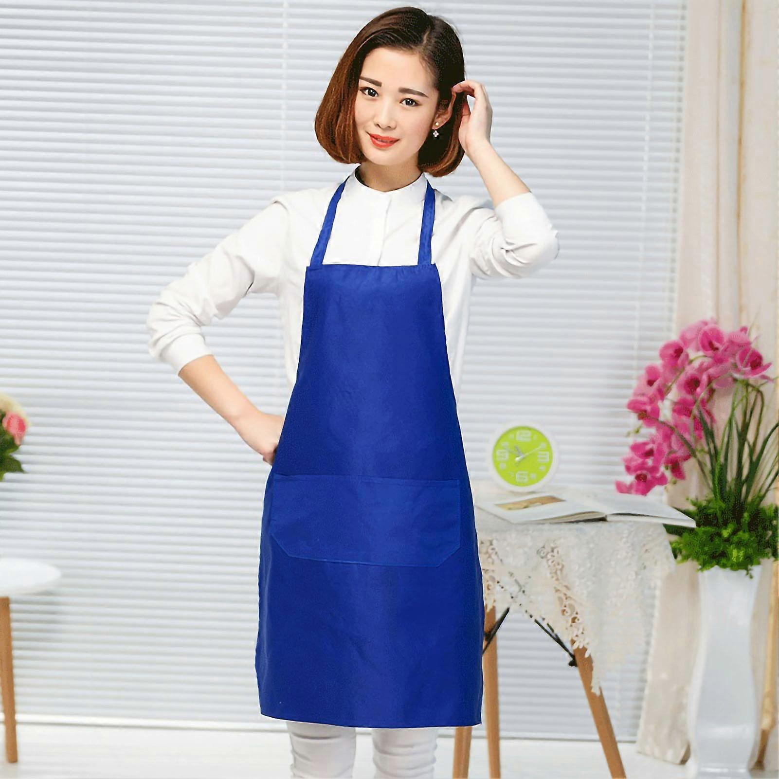 Kitchen Apron Solid Color Dual Pockets Back Strap Soft Polyester Chef Apron for Household Royalblue