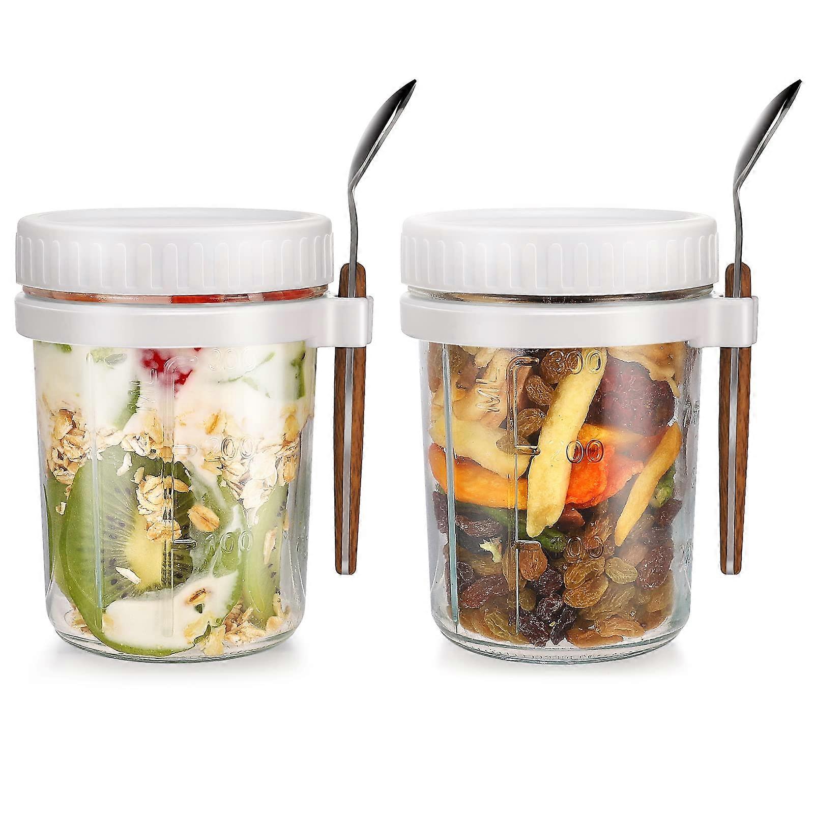 Overnight Oats Jars with Lid and Spoon 16 oz Meal Prep Container White with Measurement Marks for Cereal Storage