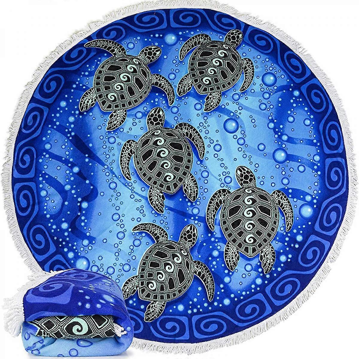 Microfibre Cotton Picnic Towel 59" x 59" , Circular Beach Blanket Throw with Fringe, Plush Round Tapestry, (Mandala Turtle)