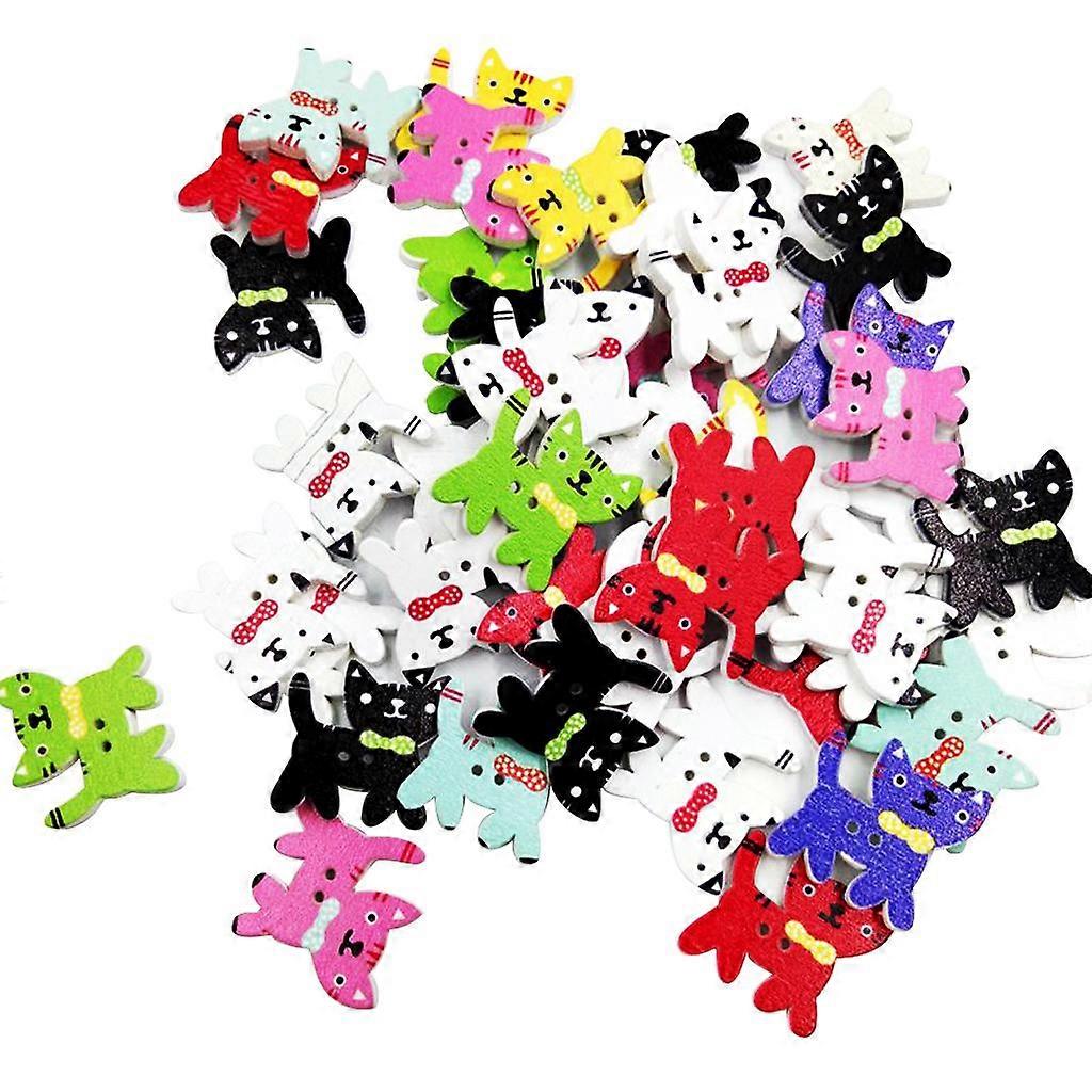 50 Assorted Cat Shaped 2 Hole Flat Buttons For Sewing Wooden Buttons Crafts