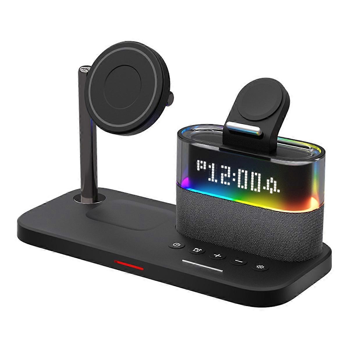 Supporto per caricabatterie wireless magnetico con luce notturna a LED e sveglia, nero
