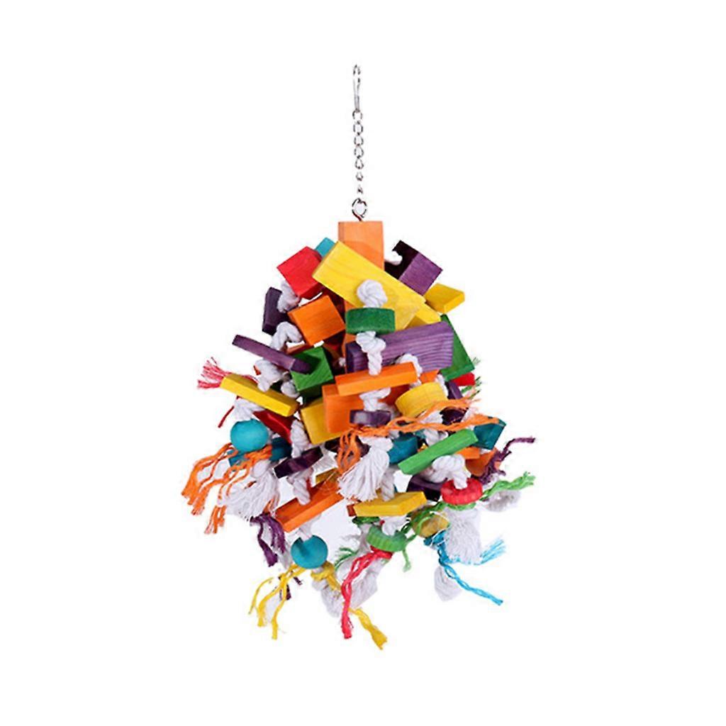Bird Chew Toy Colorful Wooden Blocks Parrot Cage Training Toys Biting Wood Pecking Swing Toy with Hanging Chain 2 Types