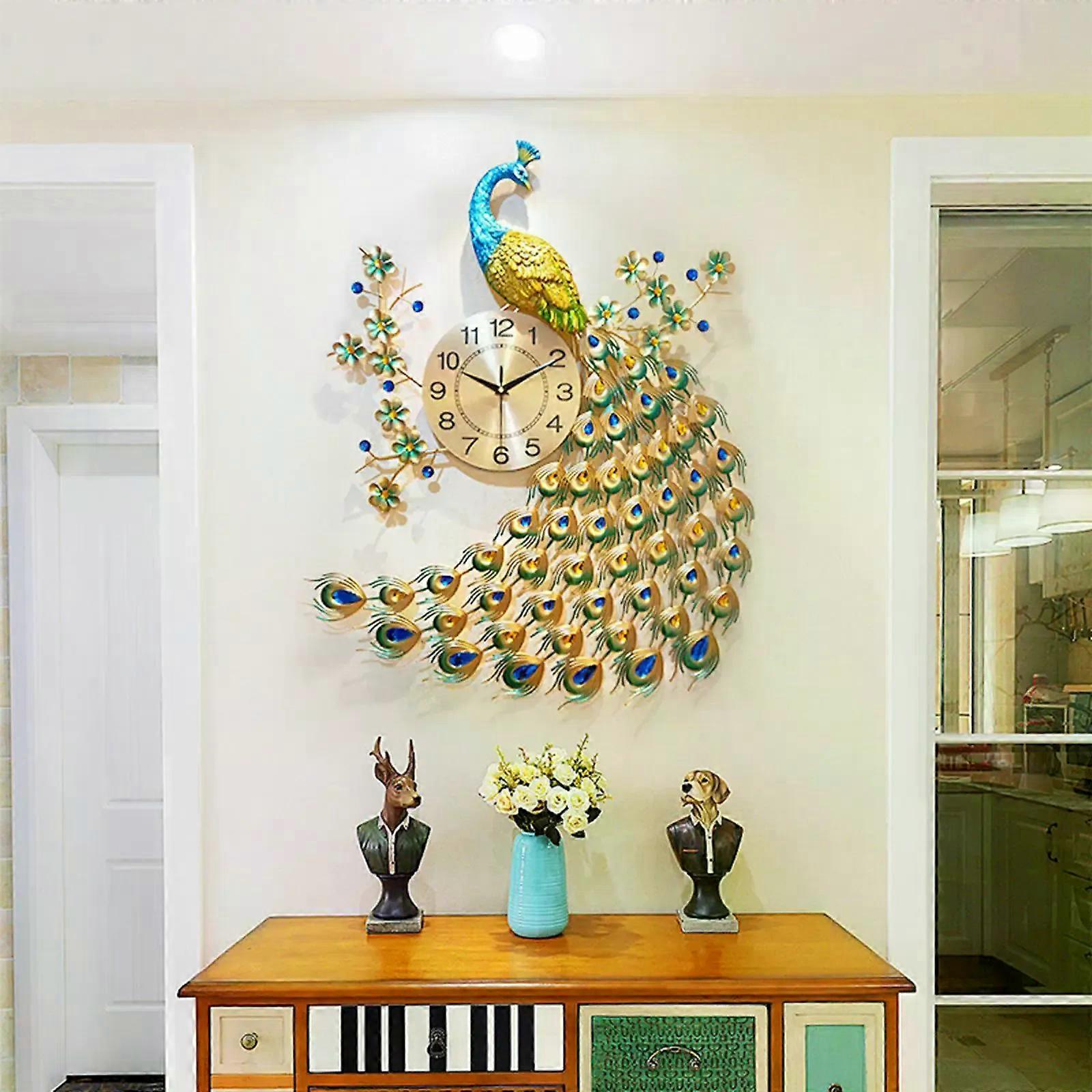 3D孔雀の形をした壁掛け時計非カチカチのモダンな吊り時計ダイニングルームのリビングルームの家の装飾