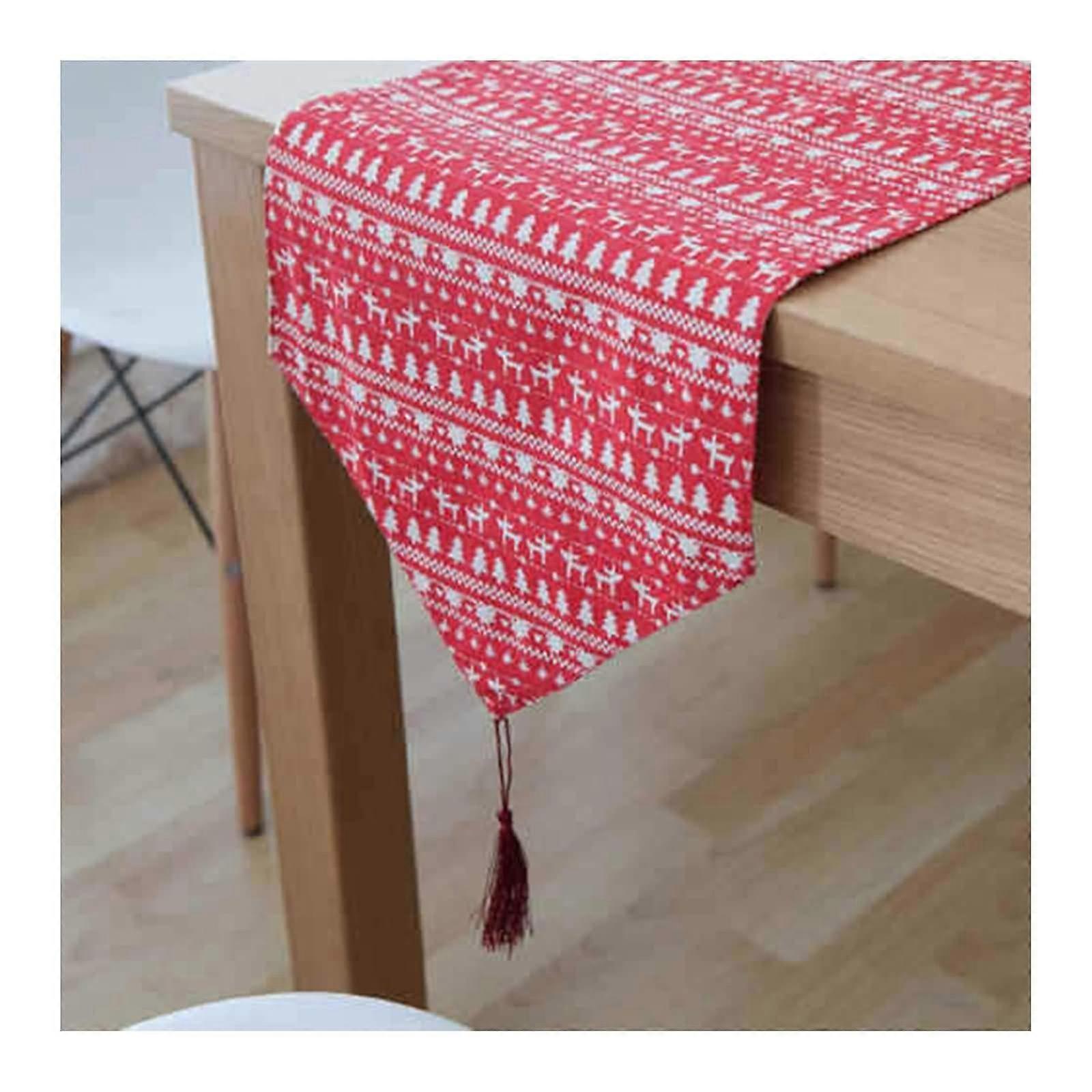 Christmas Deer Trees Snowflake Tassel Linen Cotton Table Runner for Home Decor 32x180CM
