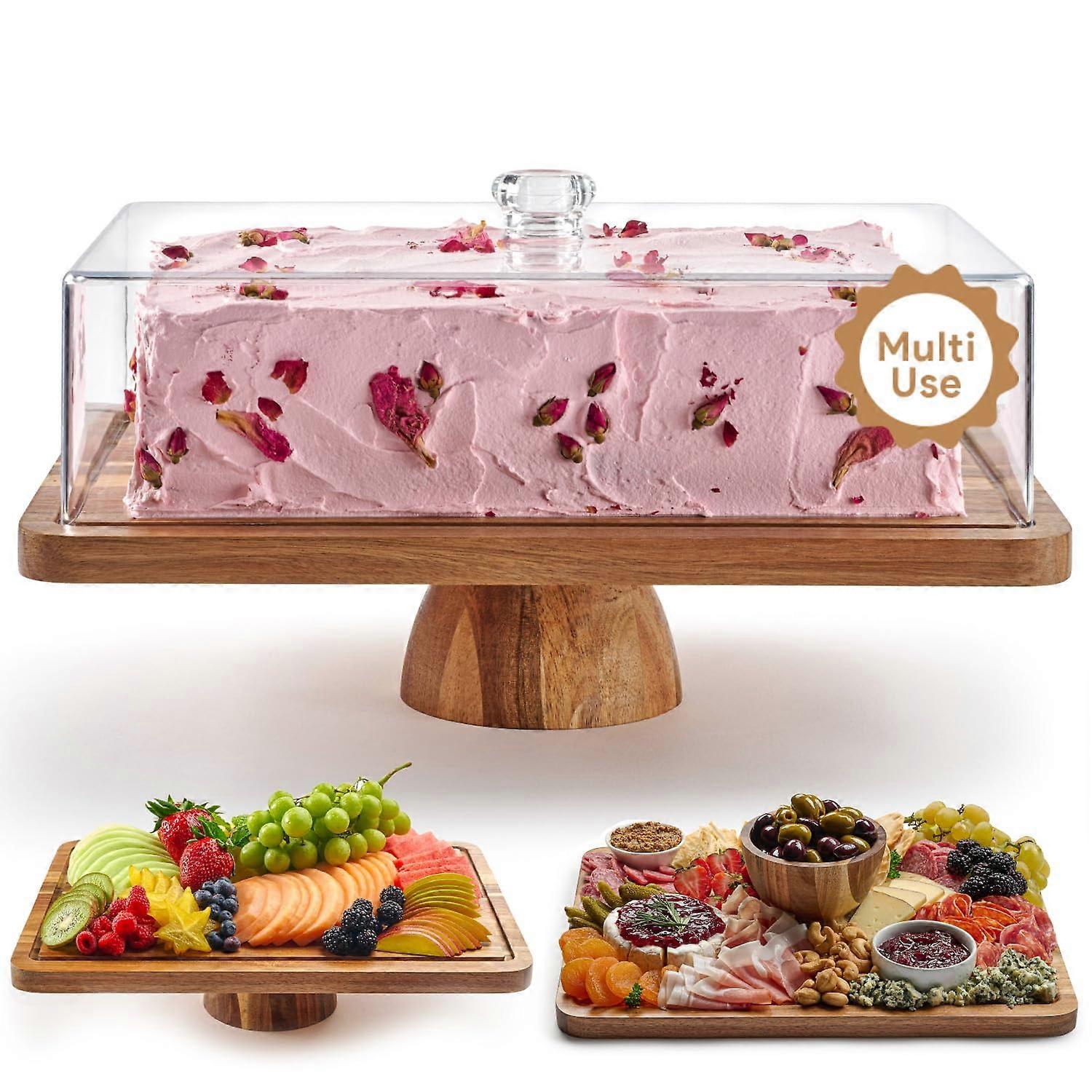 Set of Acacia Wood Cake Stand with Lid for Dessert Table Display Large Rectangular