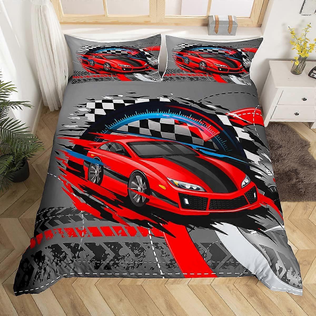 Sports Car Duvet Cover Set Twin Red Race Car Bedding Set 2-Piece Comforter Cover with Pillowcase 68"x90" for Kids Room Decor