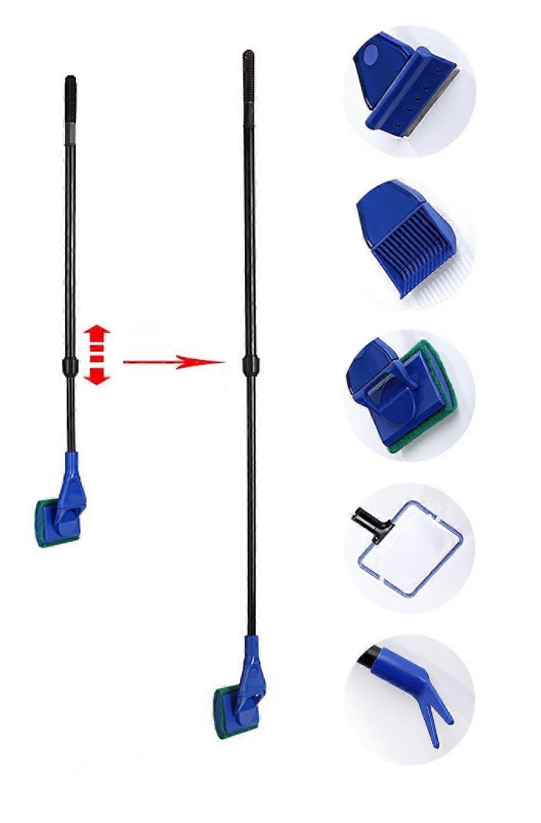 5 Aquarium Fish Tank Cleaning Set Tools - Moss Scraper, Fish Net, Sponge, Plant Fork, Adjustable Length Accessories