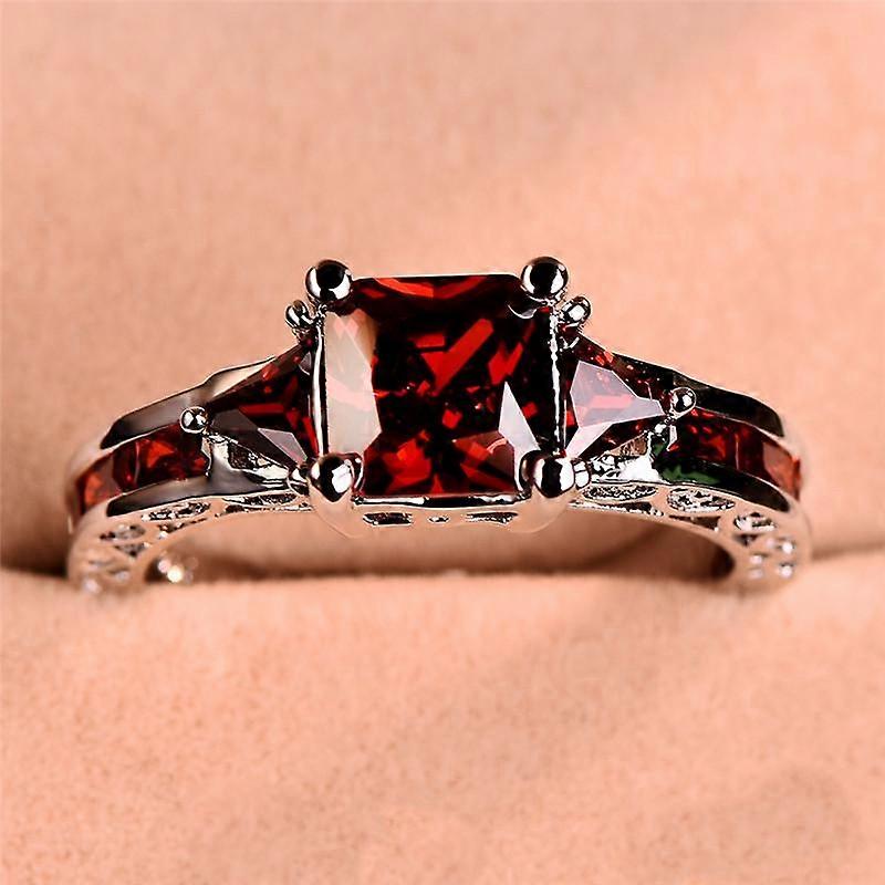 Womens Silver Color Princess Cut Red Pink Green Purple Stone Square Rings Wedding Band Gifts