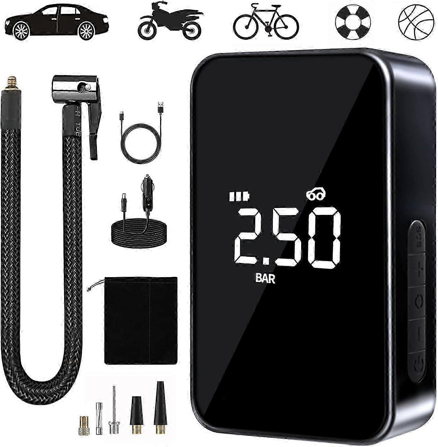 Portable Air Compressor, Mini Electric Inflator, Electric Bike Pump, Compressor with LED Light Digital Display and USB C Port