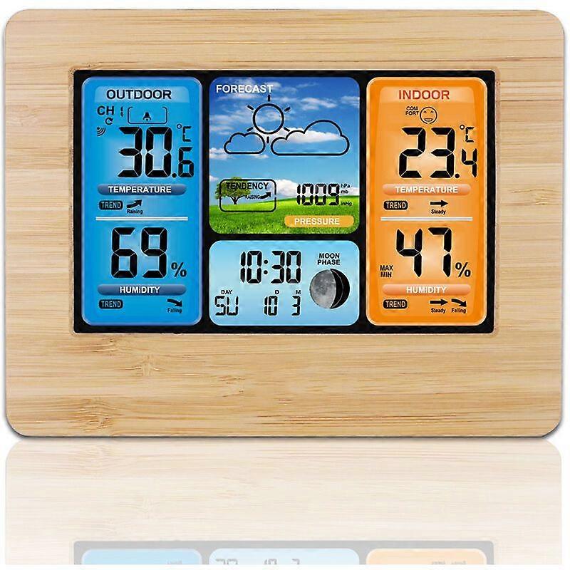 LCD color screen weather forecast alarm clock indoor and outdoor thermometer and hygrometer clock 3373norcc bamboo