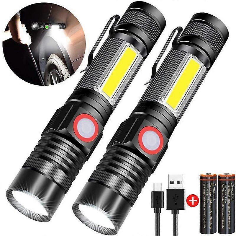 2 Pack USB Rechargeable LED Flashlight Torch (Rechargeable Battery Included & Magnetic at Bottom) Powerful Military COB Light Portable Zoomable Torch