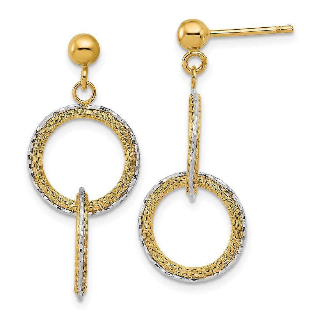 14k Solid Gold Two tone Polished Brushed Sparkle Cut Circles Post Long Drop Dangle Earrings 33x14.5mm Wide-Dangle Earrin