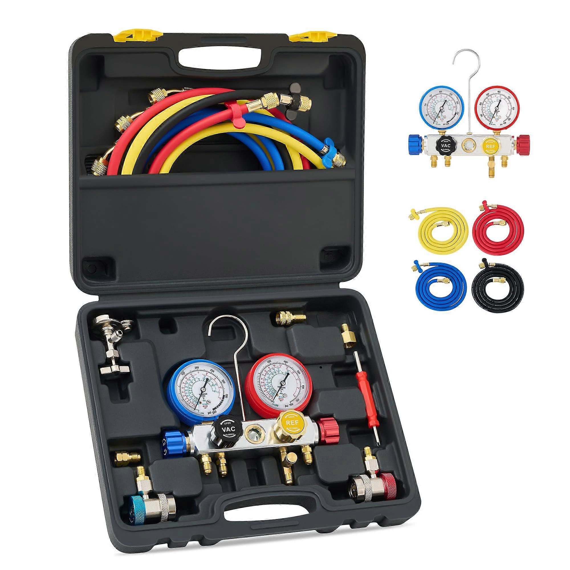 4 Way AC Diagnostic Manifold Gauge Set for R134A R410A R22, 5FT Hoses, 3 Tank Adapters, Adjustable Couplers